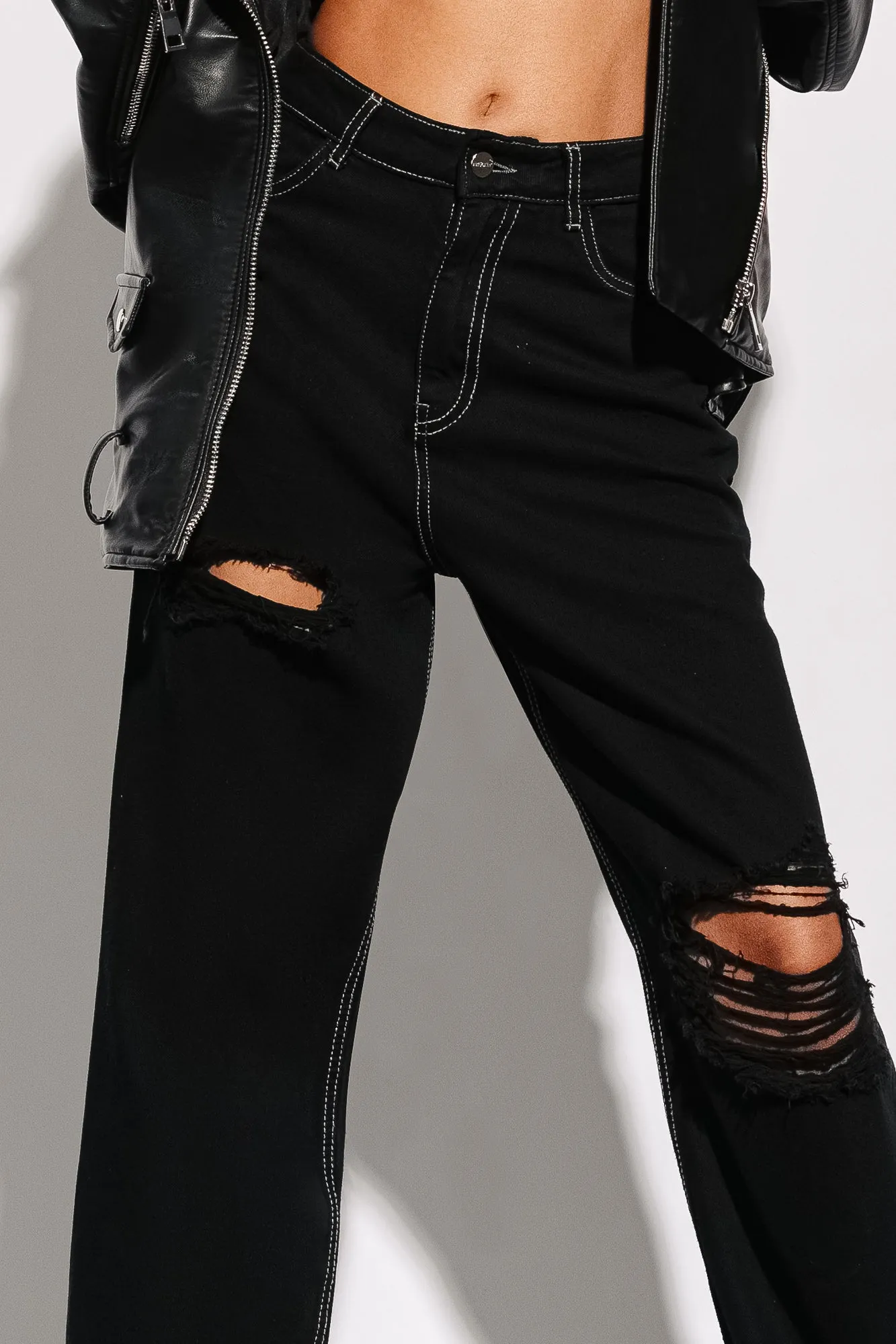 High-Quality Black Distress Straight-Cut Denim Jeans for Men