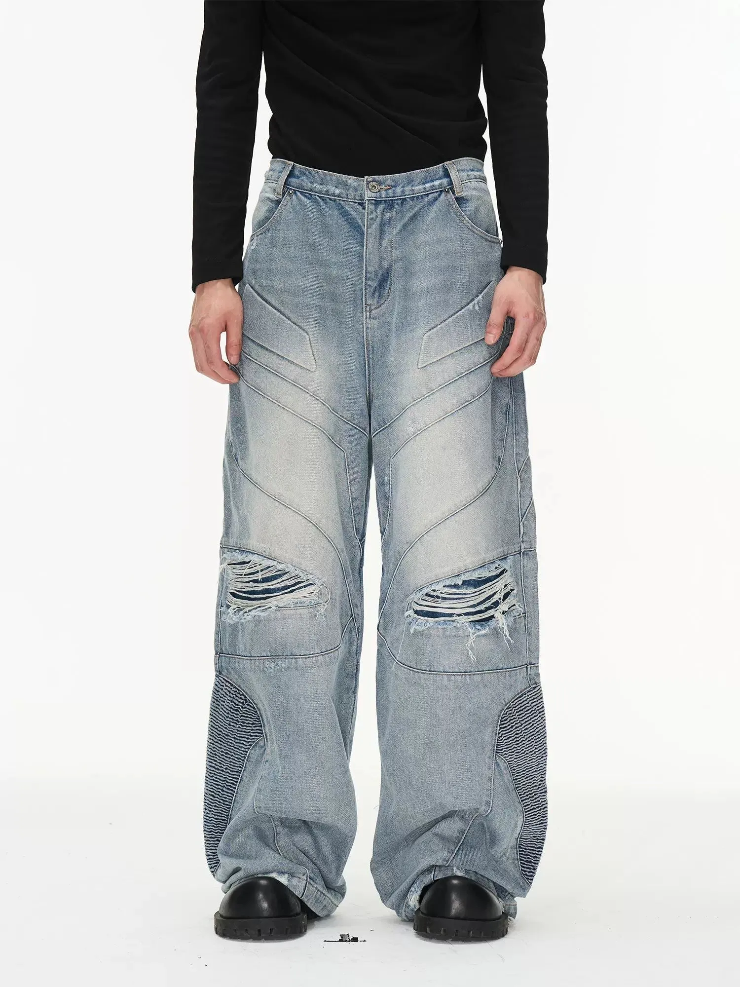 Distressed Washed Multi-Detail Denim Jeans for Men/Women - Trendy Casual Style