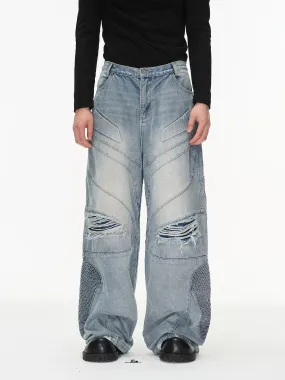 Distressed Washed Multi-Detail Denim Jeans for Men/Women - Trendy Casual Style