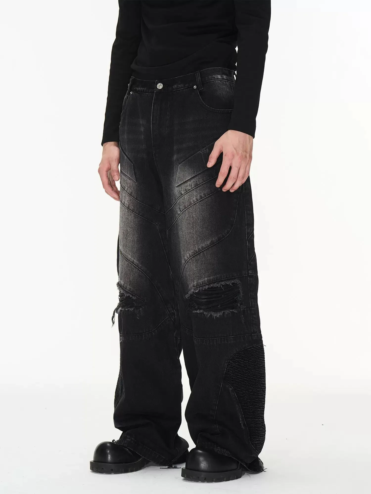 Distressed Washed Multi-Detail Denim Jeans for Men/Women - Trendy Casual Style