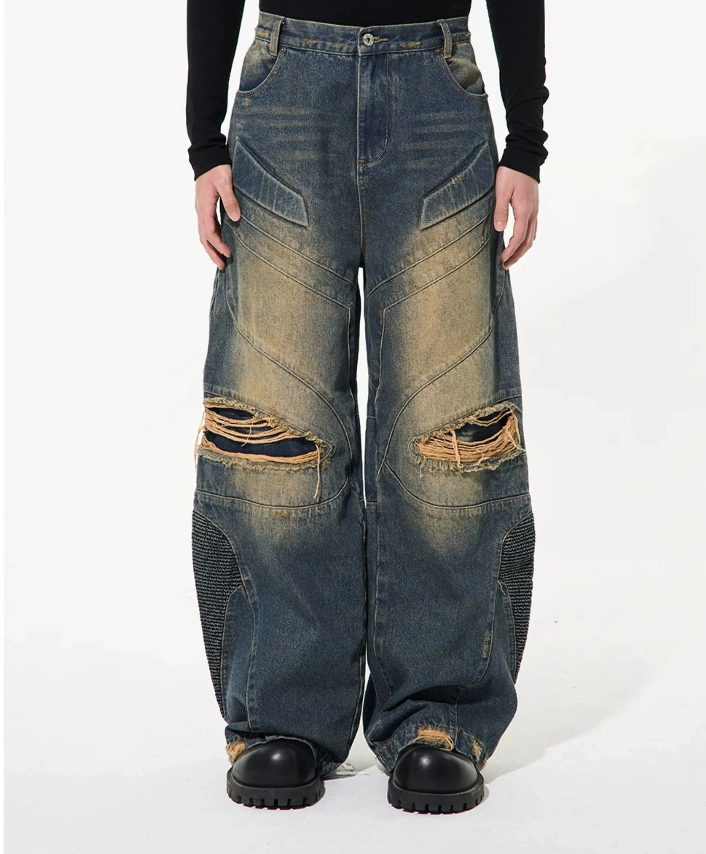 Distressed Washed Multi-Detail Denim Jeans for Men/Women - Trendy Casual Style