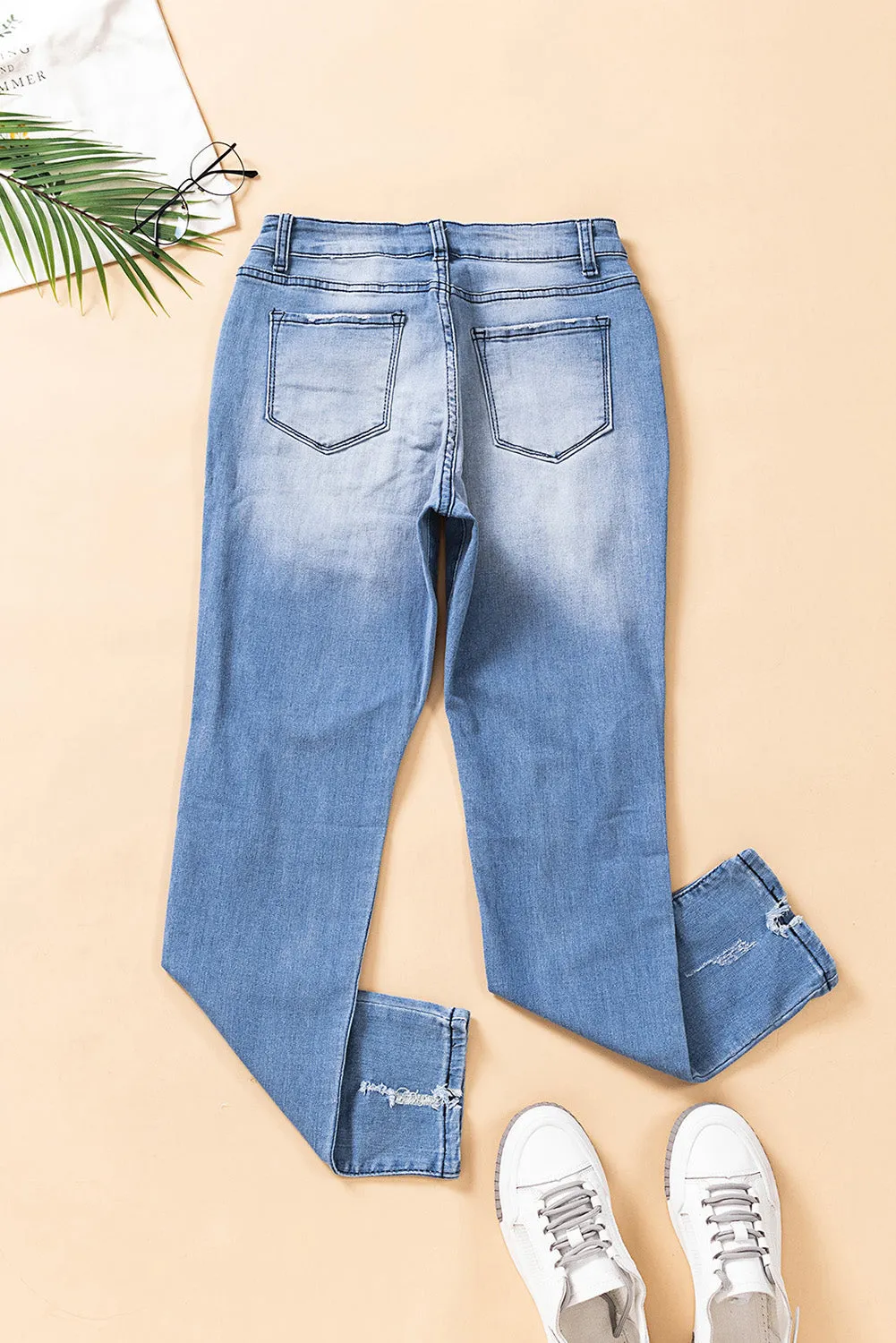 Distressed Ankle-Length Pocket Jeans