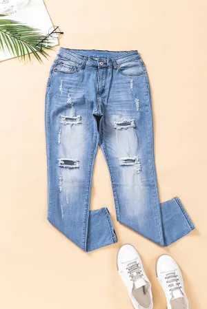 Distressed Ankle-Length Pocket Jeans