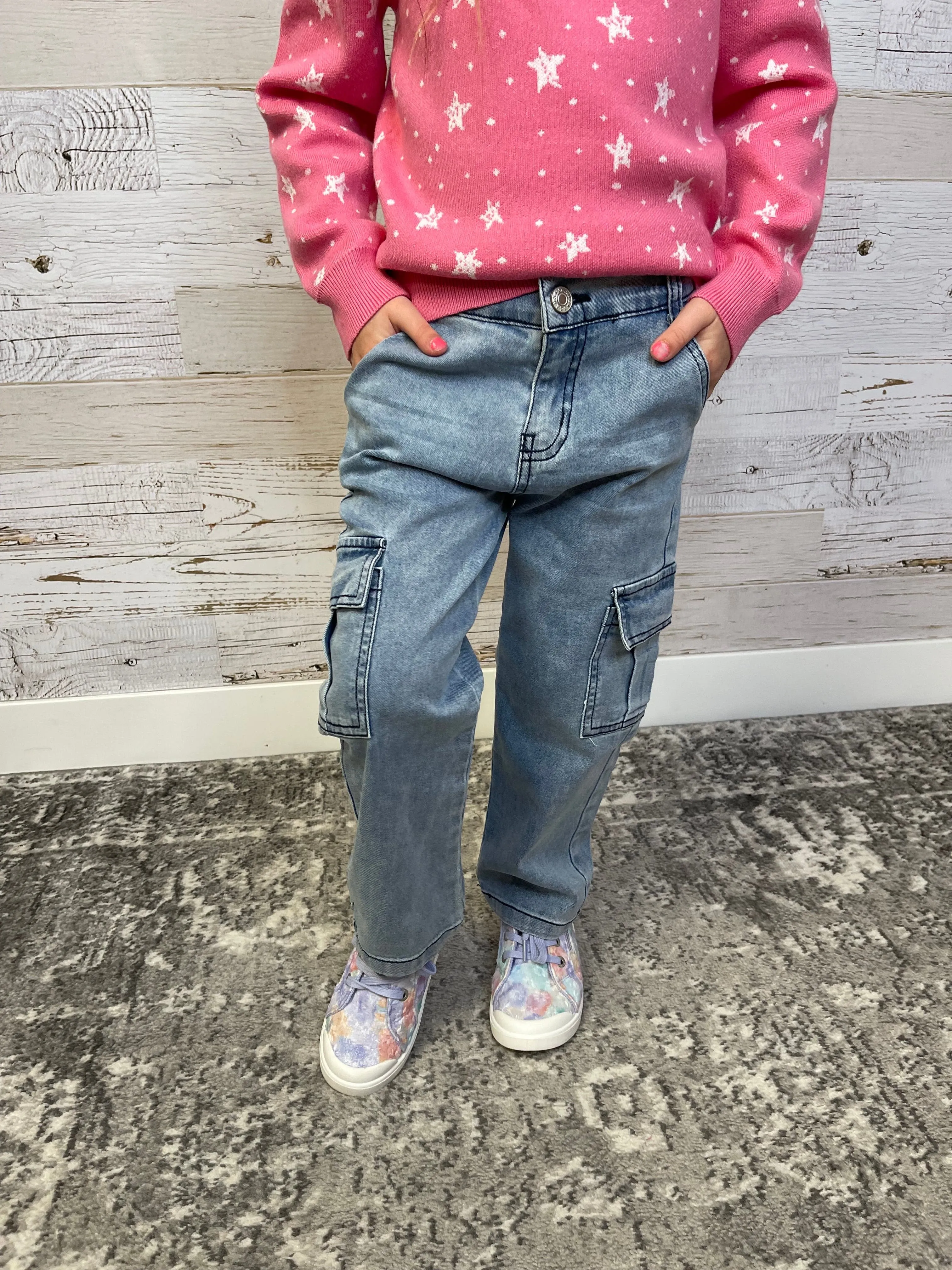 Faded Denim Cargo Pant-Kids