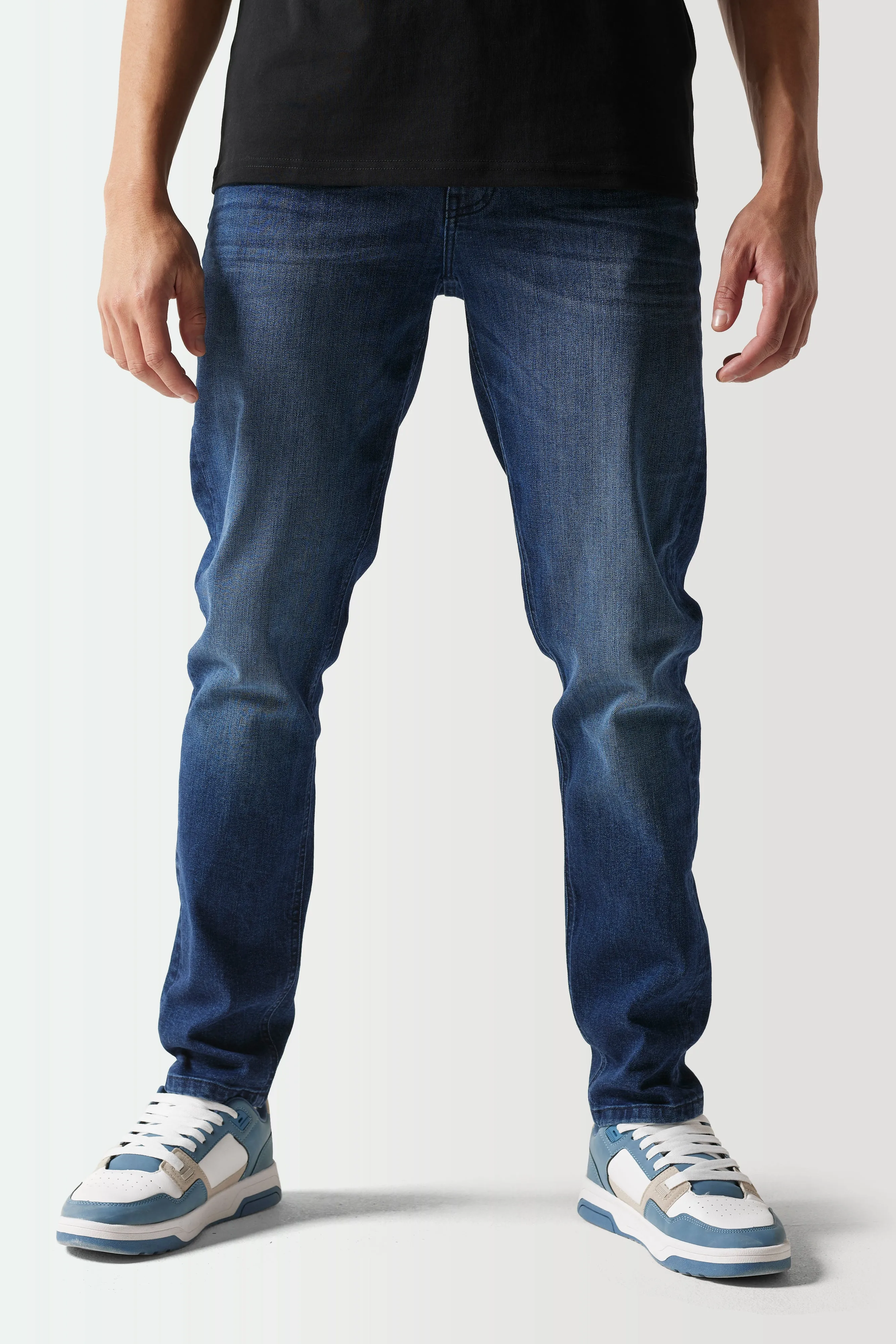 Optimized Title: Sustainable Blue Black Slim Tapered Jeans for Men - Eco-Friendly Fashion
