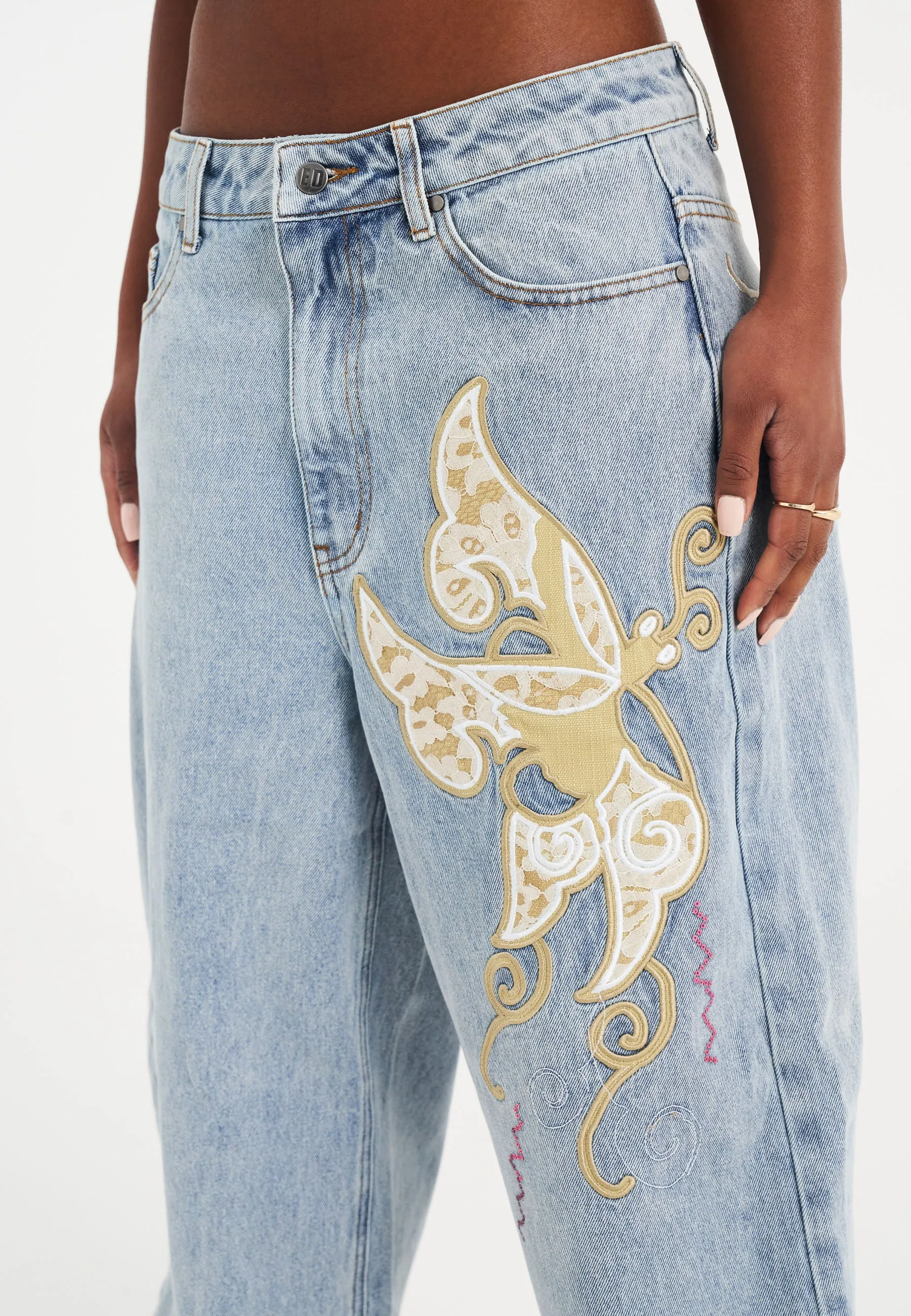 Antique Butterfly Womens Mid-Blue Extra Denim Jeans Trousers