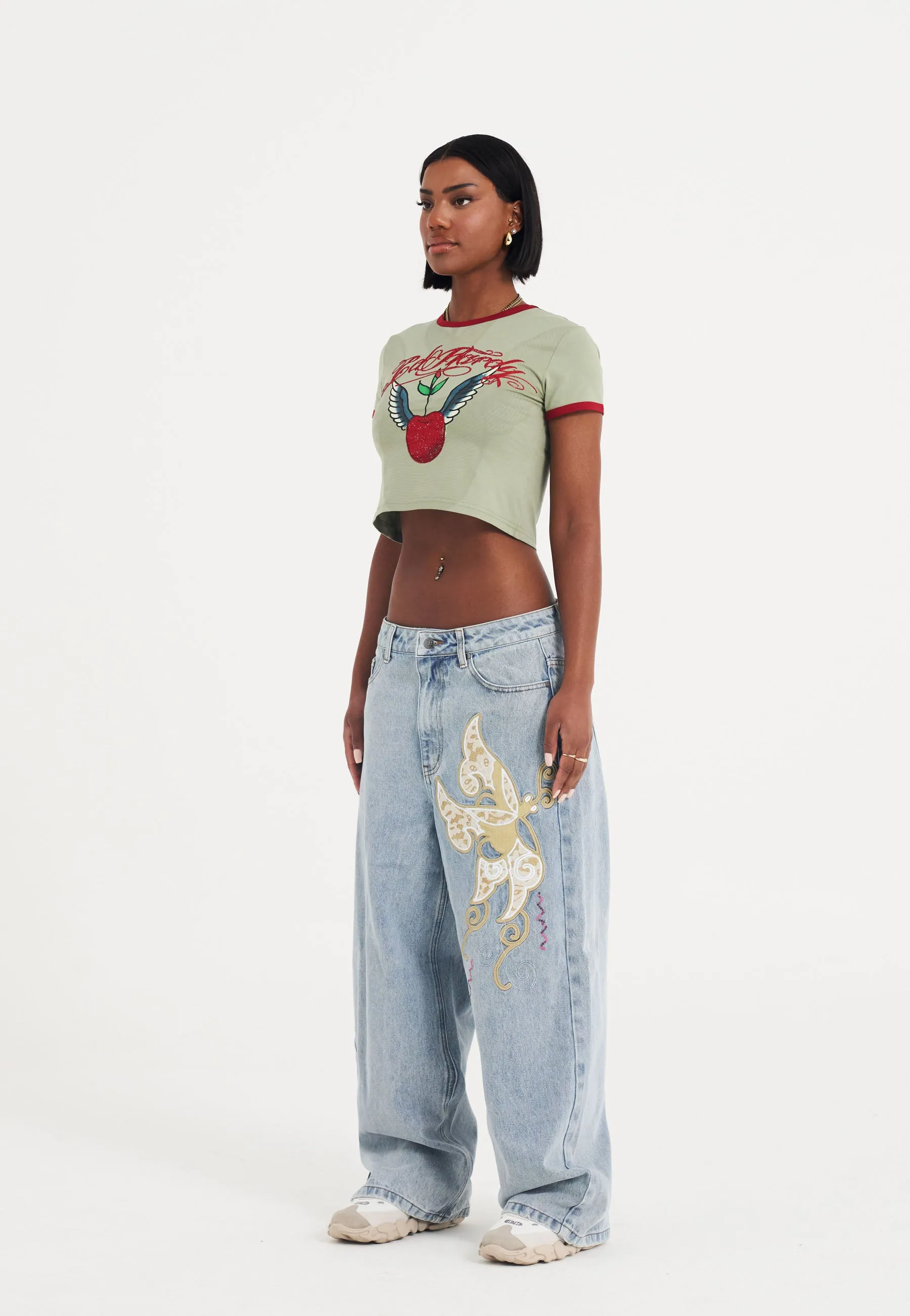 Antique Butterfly Womens Mid-Blue Extra Denim Jeans Trousers