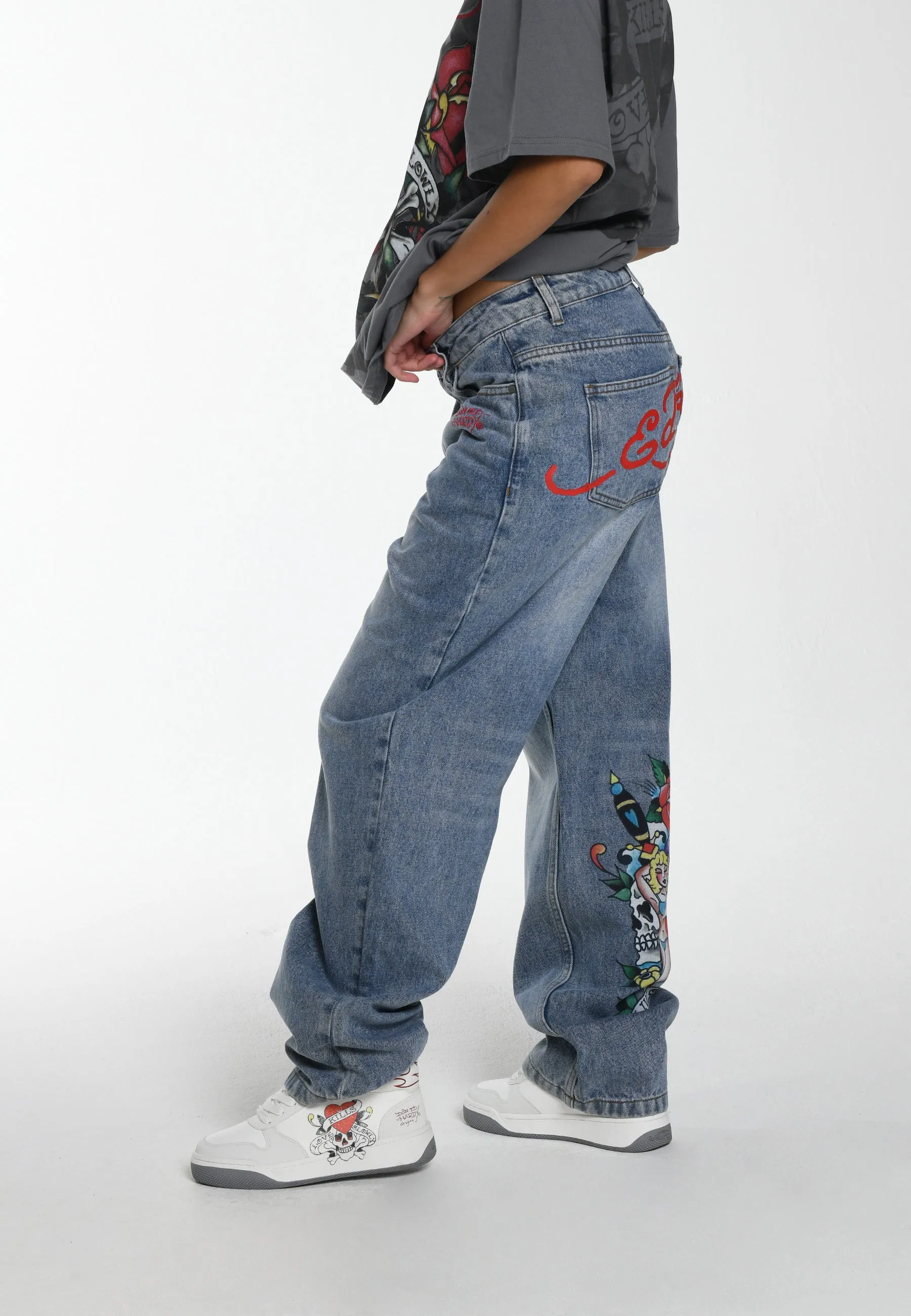 Womens Relaxed-Fit Denim Trousers - Blue - Casual One-Of-A-Kind Style
