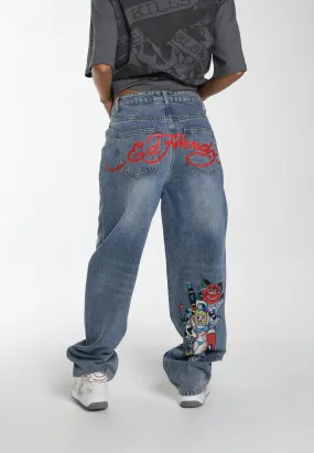Womens Relaxed-Fit Denim Trousers - Blue - Casual One-Of-A-Kind Style