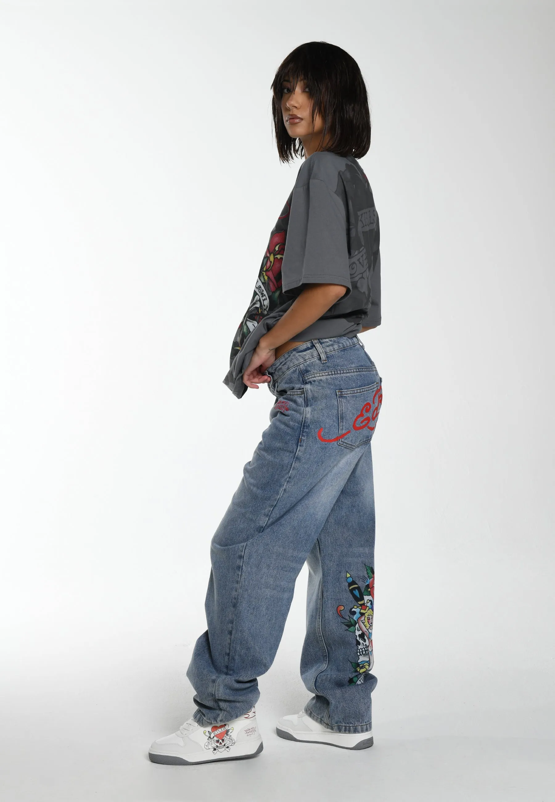 Womens Relaxed-Fit Denim Trousers - Blue - Casual One-Of-A-Kind Style