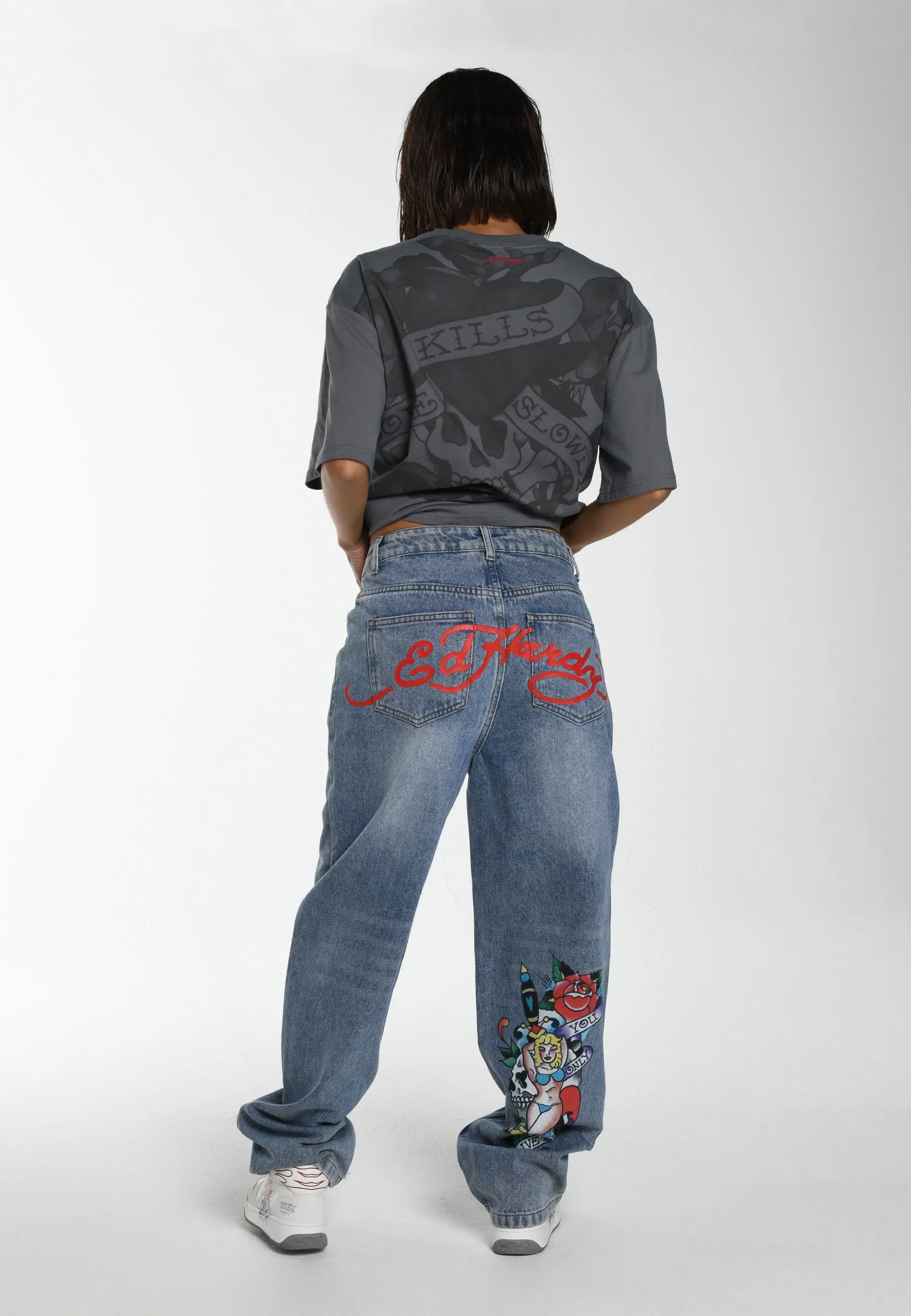 Womens Relaxed-Fit Denim Trousers - Blue - Casual One-Of-A-Kind Style